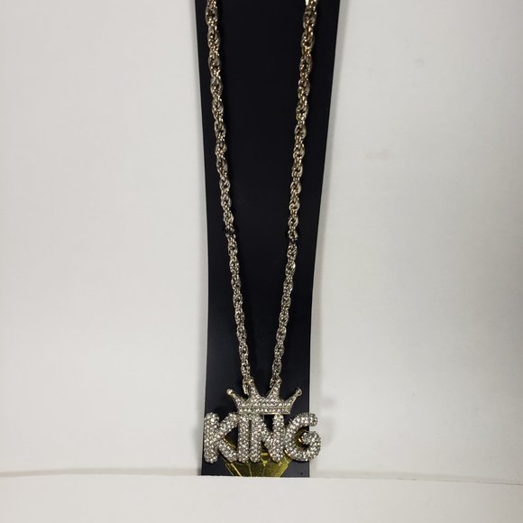 Jewel House Silver tone 30 Inches Chunky Chain Necklace KING Rhinestone Pendant - Picture 6 of 8